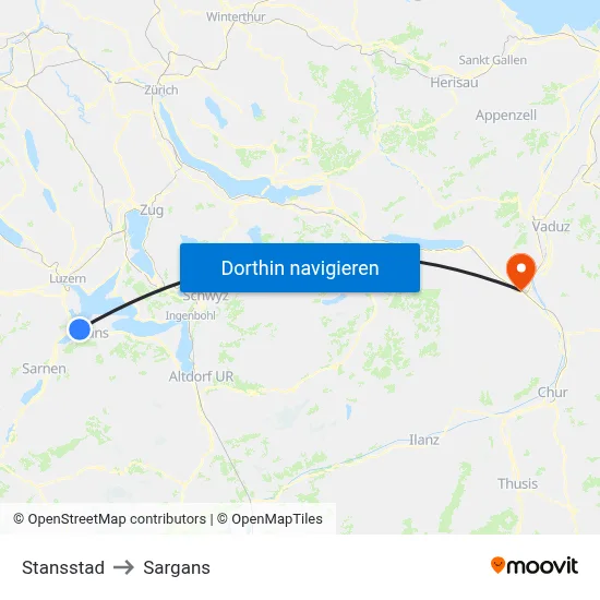 Stansstad to Sargans map