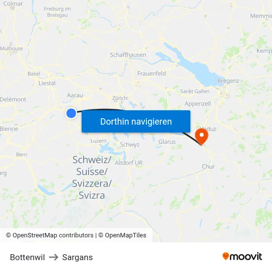 Bottenwil to Sargans map