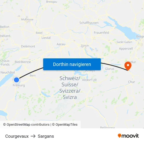Courgevaux to Sargans map