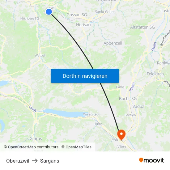 Oberuzwil to Sargans map