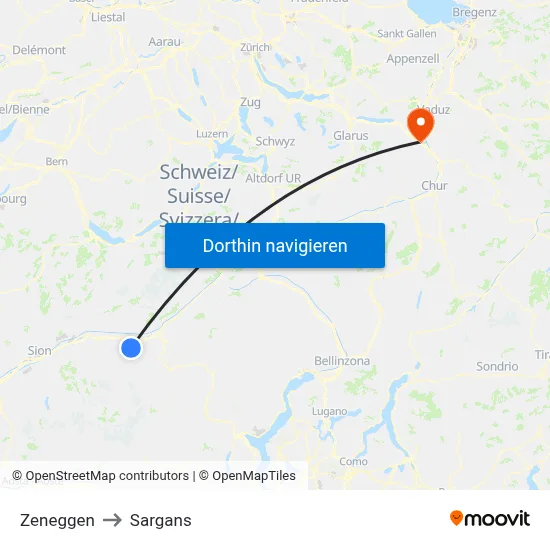 Zeneggen to Sargans map