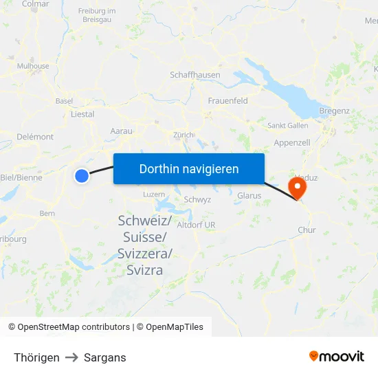 Thörigen to Sargans map