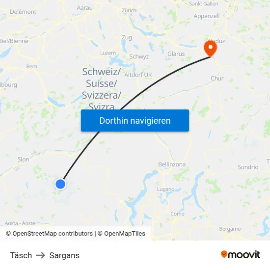 Täsch to Sargans map