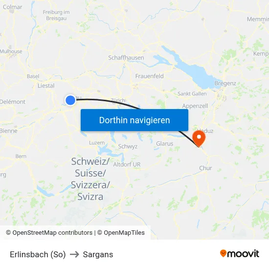 Erlinsbach (So) to Sargans map