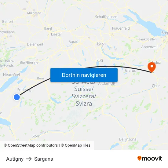 Autigny to Sargans map