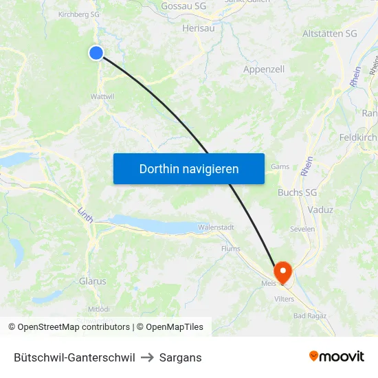 Bütschwil-Ganterschwil to Sargans map