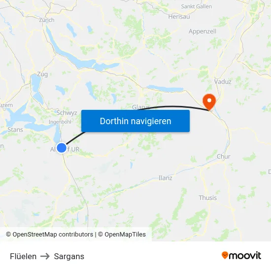 Flüelen to Sargans map