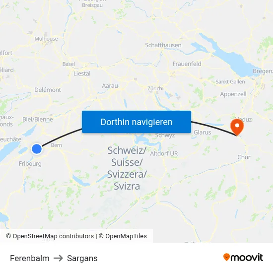 Ferenbalm to Sargans map