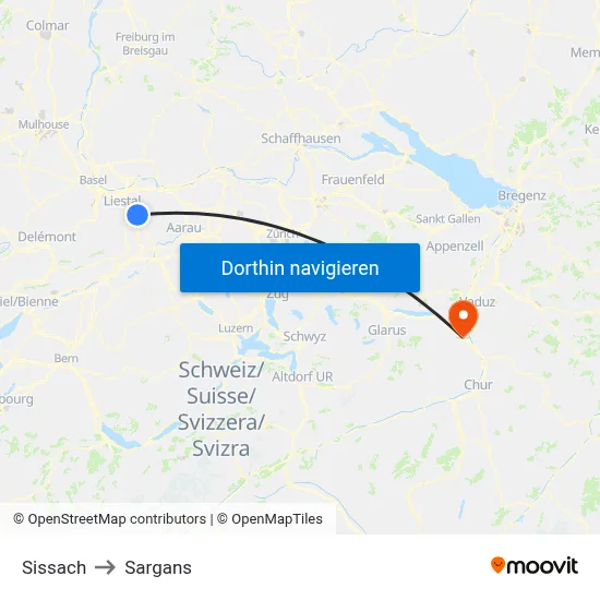 Sissach to Sargans map