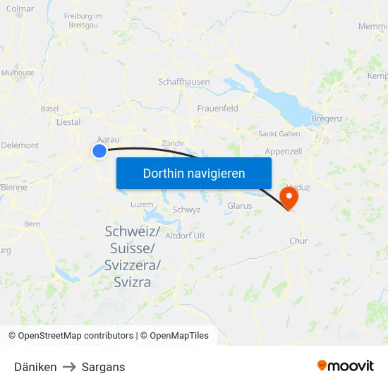 Däniken to Sargans map