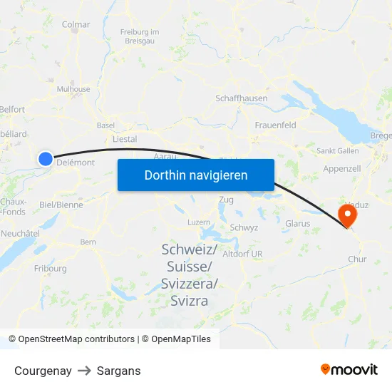 Courgenay to Sargans map