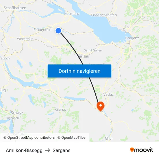 Amlikon-Bissegg to Sargans map