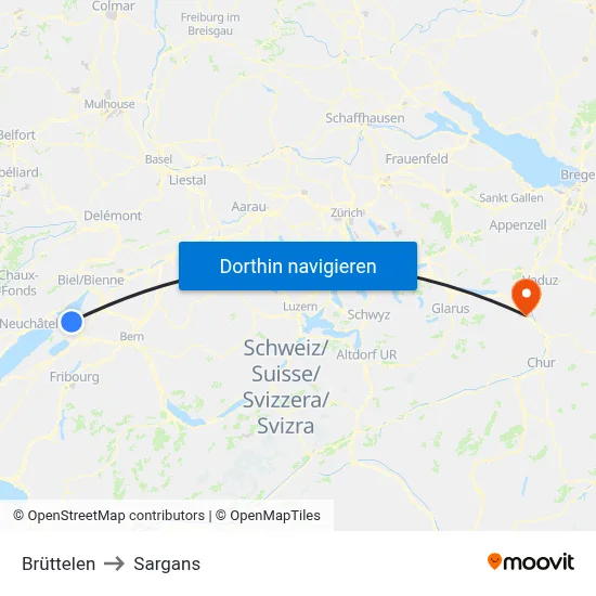 Brüttelen to Sargans map
