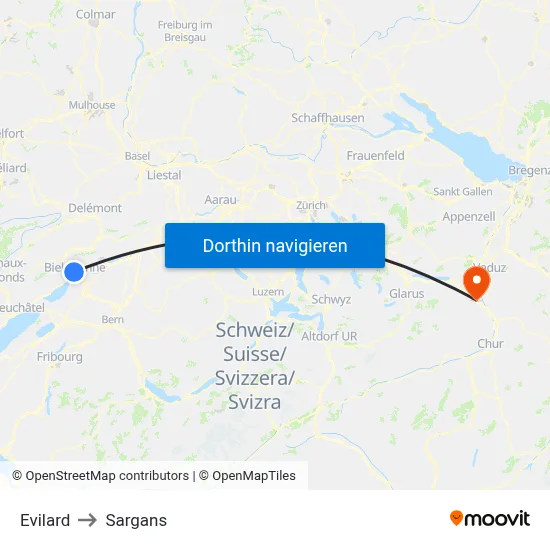 Evilard to Sargans map