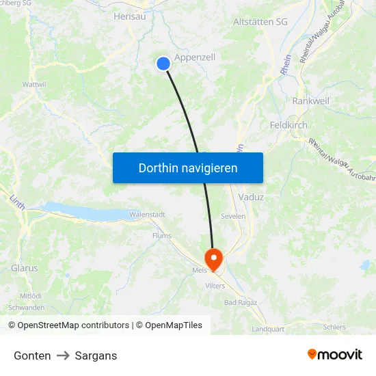 Gonten to Sargans map