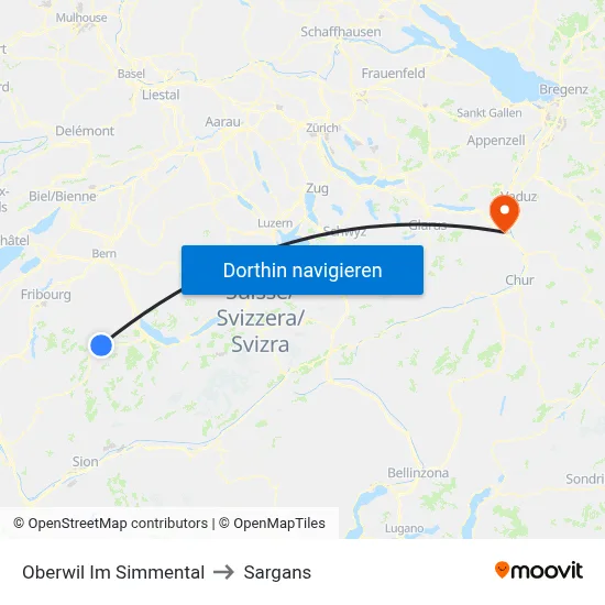Oberwil Im Simmental to Sargans map