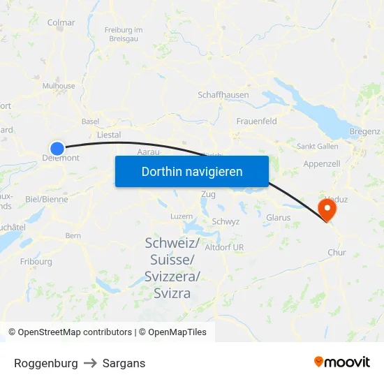Roggenburg to Sargans map