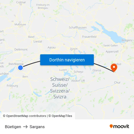 Büetigen to Sargans map