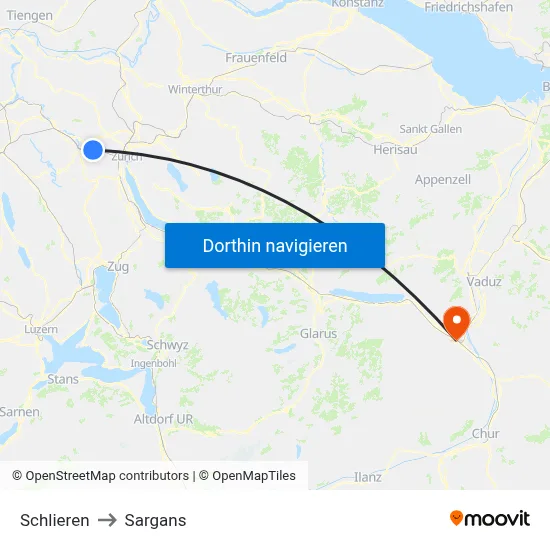 Schlieren to Sargans map