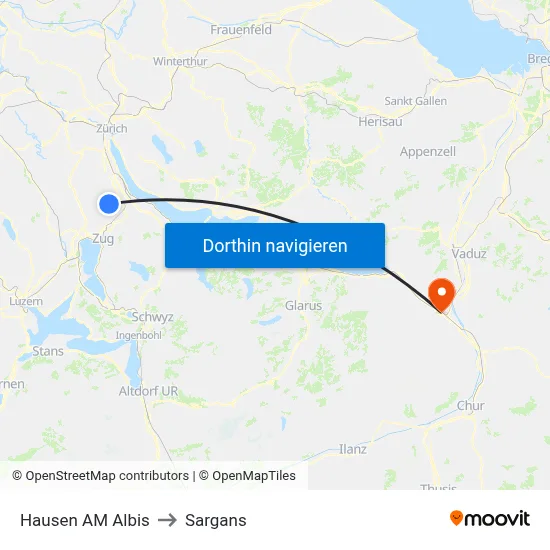 Hausen AM Albis to Sargans map