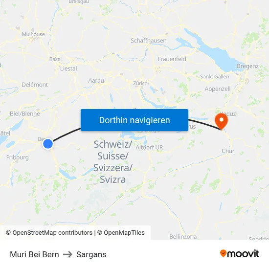 Muri Bei Bern to Sargans map