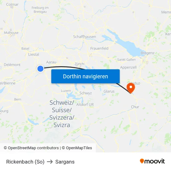 Rickenbach (So) to Sargans map