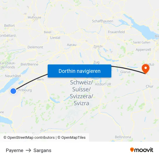 Payerne to Sargans map