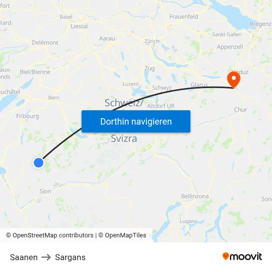Saanen to Sargans map