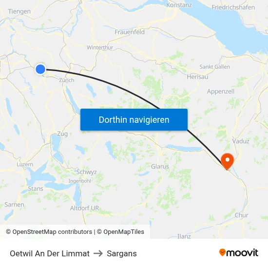 Oetwil An Der Limmat to Sargans map