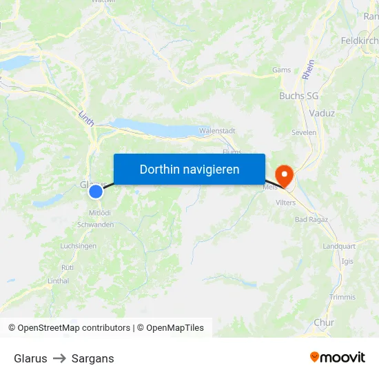 Glarus to Sargans map