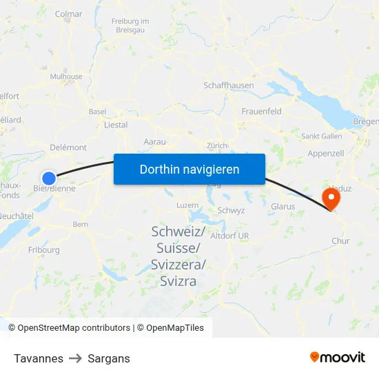 Tavannes to Sargans map
