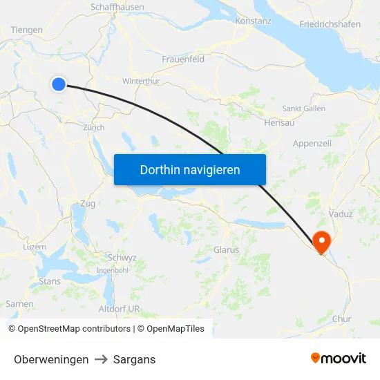 Oberweningen to Sargans map