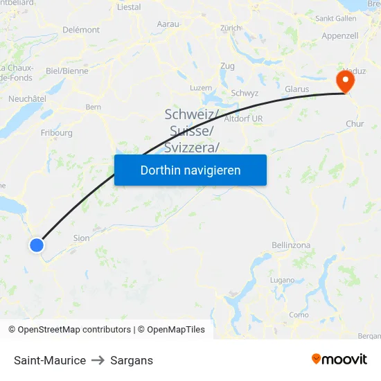 Saint-Maurice to Sargans map