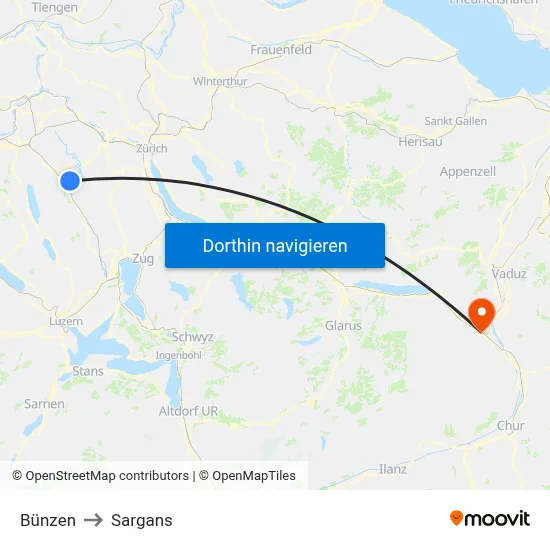 Bünzen to Sargans map