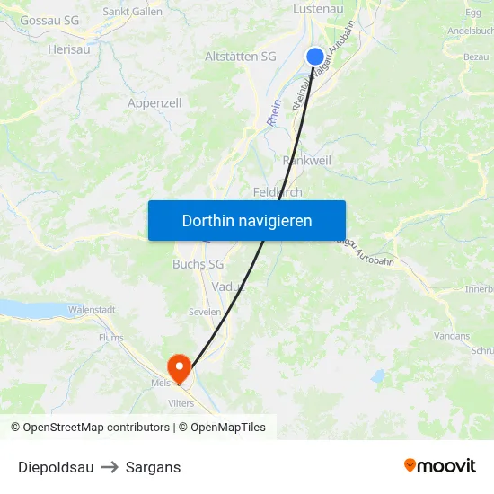 Diepoldsau to Sargans map