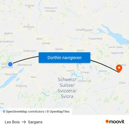 Les Bois to Sargans map