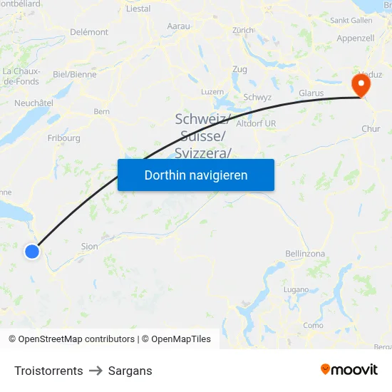 Troistorrents to Sargans map