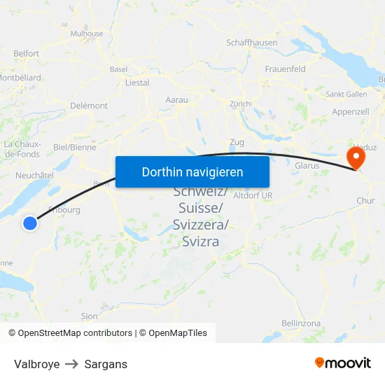 Valbroye to Sargans map