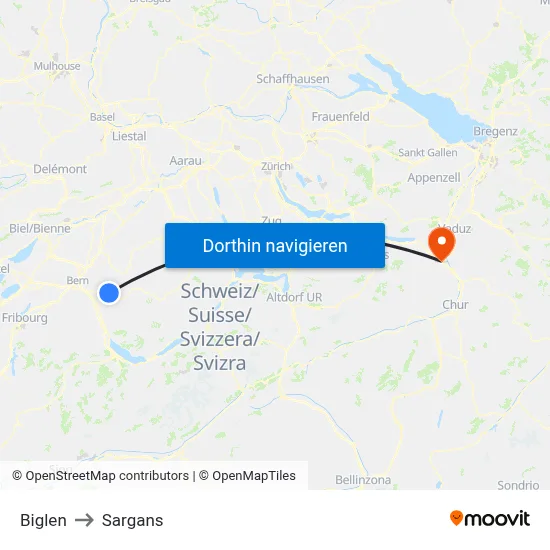 Biglen to Sargans map