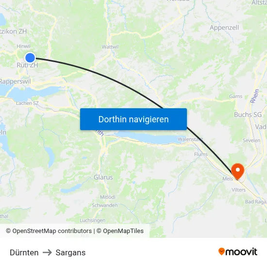 Dürnten to Sargans map