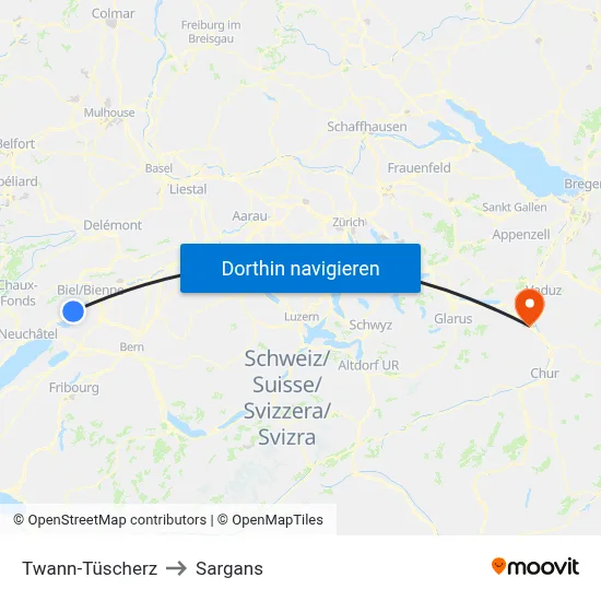 Twann-Tüscherz to Sargans map