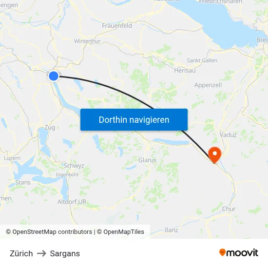 Zürich to Sargans map