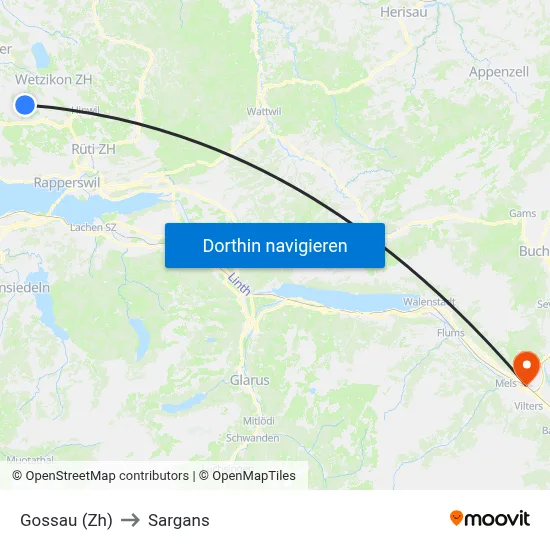 Gossau (Zh) to Sargans map