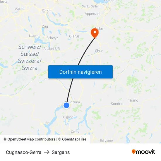 Cugnasco-Gerra to Sargans map