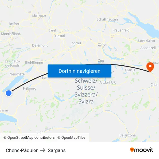 Chêne-Pâquier to Sargans map