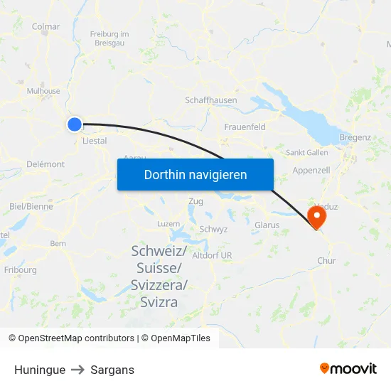 Huningue to Sargans map