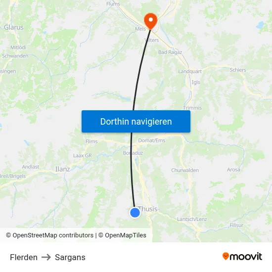 Flerden to Sargans map