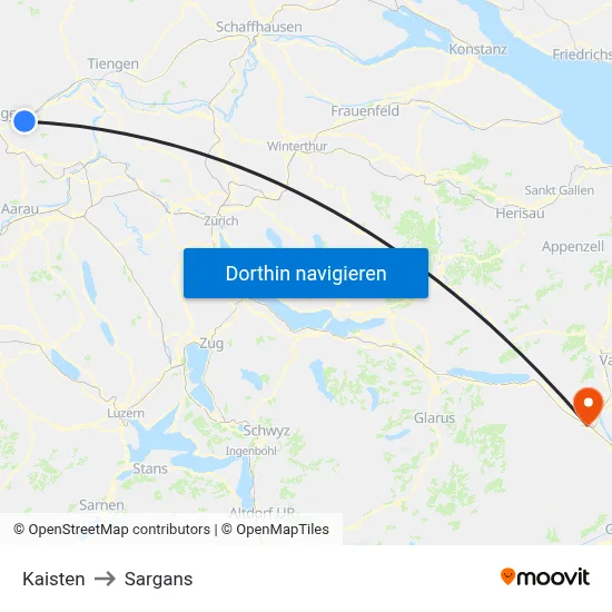 Kaisten to Sargans map