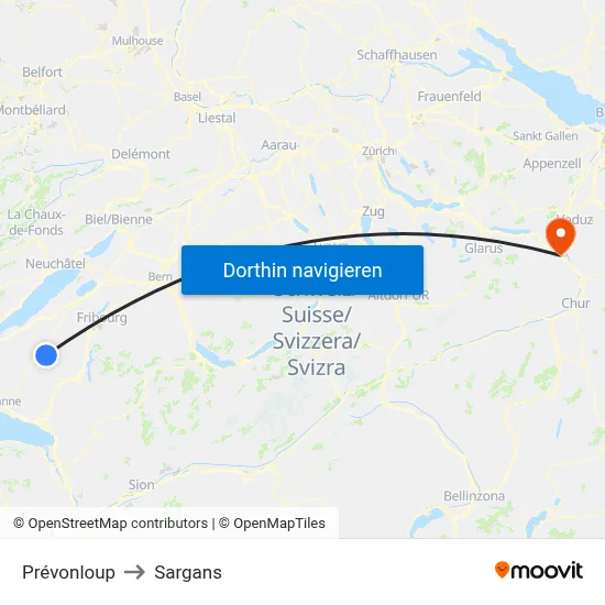 Prévonloup to Sargans map