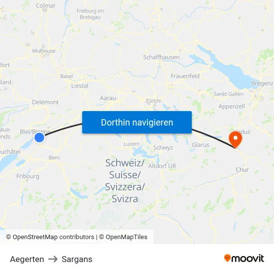 Aegerten to Sargans map